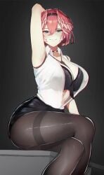 1girls abs armpits big_breasts black_lingerie breasts female female_focus female_only glasses_removed hololive hololive_japan holox large_breasts light-skinned_female light_skin necklace red_hair see-through_clothing short_hair simple_background smile takane_lui thick_thighs varniskarnis virtual_youtuber