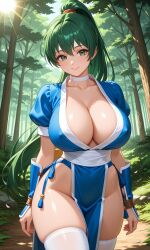 ai_generated cleavage cosplay crossover dead_or_alive female fire_emblem forest green_eyes green_hair huge_breasts kasumi_(doa) kasumi_(doa)_(cosplay) koei_tecmo large_breasts long_hair lyn_(fire_emblem) milf nature nintendo no_bra no_panties no_underwear pixai ponytail revealing_clothes short_hair smile solo tagme tecmo thighhighs