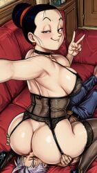 1boy 1girl ai_assisted ai_generated animated ass ass_worship black_hair black_lingerie black_thighhighs chichi cunnilingus dominant_female dragon_ball dragon_ball_z facesitting female female_dominating_male female_domination femdom garter_belt garter_straps girl high_heels male malesub milf no_sound oral rimming sex smothering_ass smug submissive_male tagme trunks_briefs video