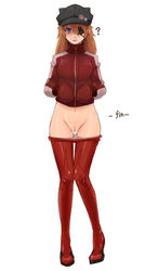 ? asuka_langley_sohryu blue_eyes brown_hair clothing eyepatch female female_only hair hands_in_pockets hat human jacket justeeeeth long_hair navel neon_genesis_evangelion open_mouth panties plugsuit pussy pussy_juice rebuild_of_evangelion simple_background solo tear trembling uncensored white_background