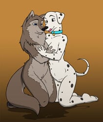 101_dalmatians aleu anthro balto_(film) barefoot black_nose blue_eyes breasts brown_fur canine collar crossover dalmatian disney dktorzi dog duo feet female female_only fondling furry grope kneeling licking licking_lips mammal medium_breasts navel no_humans nude perdita pussy smile soles spots tail toes tongue tongue_out two_tone_fur white_fur wolf yuri