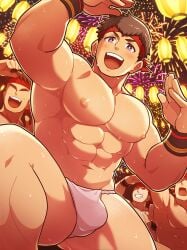 1boy 4boys abs aokumaneko1 aopanda armpits arms_up balls_under_clothes beefy big_areola big_breasts big_bulge blush bracelet breasts brown_hair bulge bulge_through_clothing dancing eyeless_male festival fireworks fundoshi fundoshi_only gay hachimaki headband hi_res idolmaster idolmaster_side-m japanese_clothes lantern laugh legs_apart looking_at_viewer low-angle_view male male_breasts male_only manly mature_male mob_face moobs multiple_boys muscles muscular muscular_arms muscular_legs muscular_male muscular_thighs navel night no_body_hair oppai pecs purple_eyes rokushaku_fundoshi shingen_seiji short_hair six_pack standing sweat sweatdrop sweating sweaty thick thick_arms thick_legs thick_thighs topless white_fundoshi yaoi