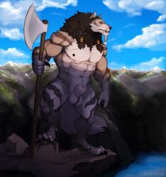 4_toes 5_fingers abs animal_genitalia anthro axe balls black_mane black_nose canid canine canis claws fang_ring fangs feet finger_claws fingers fur genitals grey_body grey_fur hi_res hindpaw holding_axe holding_object humanoid_hands male mammal mane mjodvitnir muscular muscular_anthro muscular_male navel nipples nude nude_anthro nude_male outdoor_nudity outside paws penis penis_tip protonano sheath solo standing teeth toe_claws toes wolf