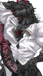 andenate_maryam anthro arknights big_penis black_body black_hair clothing collared_shirt colored digital_drawing_(artwork) digital_media_(artwork) distracting_watermark dress_shirt equid equine genitals hair hi_res horse hypergryph jewelry kuranta_(arknights) looking_at_viewer male mammal multicolored_hair necklace penis portrait pose pubes red_eyes red_hair shaded shirako shirt solo studio_montagne three-quarter_portrait topwear vein veiny_penis watermark white_clothing white_shirt white_topwear