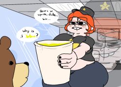 2026 2026s asking_a_question background_character bear big_ass big_breasts big_butt breasts chubby chubby_female chunky chunky_thighs cup digital_drawing_(artwork) digital_media_(artwork) fast_food_employee fast_food_uniform female freckles ginger ginger_female ginger_hair implied_urine jpg mischievous_smile offering offering_drink olozva original pale-skinned_female pale_skin spongebob_reference twitter_link