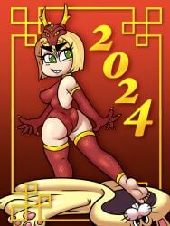 2024 big_ass big_breasts big_butt blonde_hair bodysuit bunny_costume claws dragon_mask dragon_suit fat_ass green_eyes hennah long_gloves looking_away muyhiram red_background red_clothing sharp_claws smiling thigh_highs thighhighs year_of_the_dragon