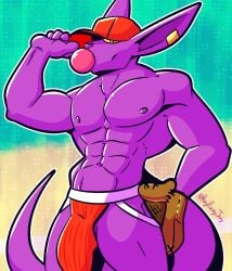 abs anthro baseball_cap baseball_glove beerus clothing digital_media_(artwork) domestic_cat dragon_ball dragon_ball_super felid feline felis fizzyjay hairless hairless_cat hat headgear headwear hi_res jockstrap male mammal muscular muscular_anthro muscular_male nipples pecs purple_body simple_background solo sphynx_(cat) underwear