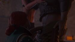 1boy 2girl 3d blender blowjob blue_eyes breasts clothed cum cum_in_mouth geralt_of_rivia green_eyes on_knees partly_clothed penis red_hair render sleeping tagme the_witcher_(series) the_witcher_3:_wild_hunt triss_merigold yennefer