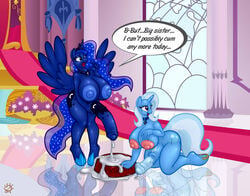 2013 alicorn anjuneko anthro anthrofied badgerben balls big_breasts blue_eyes blue_hair bowl breasts collar cum cum_in_bowl cutie_mark dialog dickgirl english_text equine friendship_is_magic futanari hair hasbro horn horse horsecock intersex masturbation my_little_pony nipples nude open_mouth penis pony princess_luna_(mlp) purple_eyes text trixie_lulamoon_(mlp) unicorn wing_boner wings