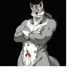 abs animated anthro biceps blush canine crossed_arms dripping erection flaccid fur furry grey_fur male male_only morenatsu muscles no_humans nude pecs penis precum pubes solo standing tailwag ten_kodori unknown_artist vein wolf yellow_eyes