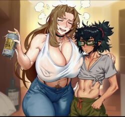 1boy 1girls 2d abs ai_generated alcohol arm_around_shoulders beer beer_can big_breasts big_nipples bigger_female black_hair blush braless breast_press breasts brown_hair can choker cleavage closed_mouth clothes clothing collar crop_top drunk drunk_female eyewear female female_pubic_hair glasses hair_between_eyes height_difference holding holding_beer holding_can huge_breasts indoors jeans large_breasts large_nipples limbus_company long_hair looking_at_another male male/female mature mature_female midriff mole mole_under_eye muscles muscular muscular_female muscular_male nipple_bulge nipples nipples_visible_through_clothing no_bra older_female older_female_and_younger_male onilapper open_mouth original original_character pants pony_tail ponytail pubic_hair pubic_hair_peek red_eyes rodion_(limbus_company) sauceseraphai see-through see-through_clothes see-through_clothing shirt shorter_male size_difference smaller_male sweat sweatdrop taller_female tank_top thighs tied_shirt