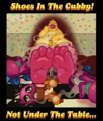 3_toes absurd_res ambiguous_gender animate_inanimate anthro avian barefoot beak bib bird blarf022 blush chicken clothing cupcake_(fnaf) duo embarrassed english_text feathers feet female five_nights_at_freddy's five_nights_at_freddy's:_secret_of_the_mimic five_nights_at_freddy's:_security_breach food food_creature foot_fetish foot_focus footwear galliform hi_res musk party_time_chica_(fnaf) phasianid quad_skates roller_skates scottgames shoes_removed sitting sitting_on_stool smelly smelly_feet smelly_shoes soles steel_wool_studios stink_fumes tablecloth text toes under_the_table x-ray_view yellow_body yellow_feathers