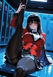 ai_generated big_ass big_boobs big_breasts big_butt big_thighs black_hair cute female female_only huge_ass huge_breasts huge_butt huge_thighs jabami_yumeko kakegurui leg_up miyuai pantyhose red_eyes school_uniform seductive sexy sexy_armpits skirt thick thick_ass thick_butt thick_legs thick_thighs