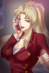 artist_request balalaika black_lagoon blonde_hair breasts business_suit cellphone censored cleavage female green_eyes handjob highres human large_breasts lips lipstick long_fingernails long_hair makeup male mole nail_polish office_lady open_mouth painted_nails penis ponytail red_lips red_lipstick scar smile standing straight suit talking tied_hair