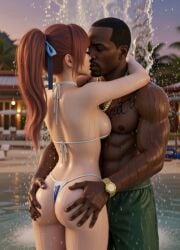 3d ai_generated asian asian_female ass ass_grab beach_resort bikini carl_johnson couple couple_(romantic) crossover dark-skinned_male dark_skin dead_or_alive eastern_and_western_character evening gangster gold_jewelry grabbing_ass graffiti_on_wall grand_theft_auto grand_theft_auto:_san_andreas hugging interracial jewelry kasumi_(doa) kissing kunoichi light-skinned_female los_santos ponytail romantic waterfall wet wet_ass wet_body wowzerspowzers