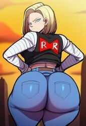 1girls ai ai_generated android_18 ass_focus back_view behind_view big_ass big_butt bubble_ass bubble_butt bwl_(style) dragon_ball dragon_ball_z female female_focus female_only looking_at_viewer novelai solo thick_thighs