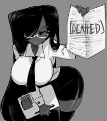 1girls black_hair breasts denied_job_application female female_only glasses gray_background gray_body gray_skin grayscale grey_background grey_body grey_skin greyscale hair_over_one_eye job_application long_hair missandydandy no_background oc office_clothing office_lady office_lady_(atastic) original original_character rectangular_glasses simple_background someone_else's_oc thighhighs thighs twitter_link
