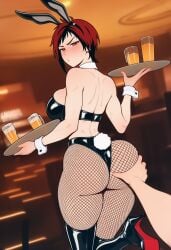ai_generated annoyed_expression bunny_costume bunny_ears dead_or_alive drinks fondling grabbing_ass mila_(doa) questionable_consent rear_view serving_tray sexy without_consent