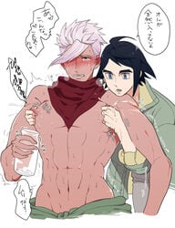 2boys abs age_difference blush gundam male_lactation male_only multiple_boys muscle nipples orga_itsuka pecs sweat tagme topless undressing white_background wince yaoi