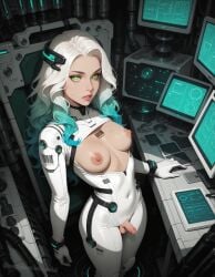 ai_generated barcode_tattoo bodysuit fake_art glowing_eyes gradient_hair green_eyes naga_queen_(artist) robot robot_girl science_fiction small_breasts small_penis