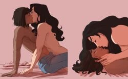 persnickety avatar_the_last_airbender the_legend_of_korra korra asami_sato 2girls yuri canon_couple romantic romantic_couple color lighting completely_nude breasts brown_hair black_hair long_hair curly_hair toned toned_female closed_eyes blush looking_pleasured kissing imminent_sex topless jeans partially_clothed sideboob lying lying_on_back lying_on_bed bed bed_sheet red_lipstick lipstick lipstick_mark kiss_mark hand_on_another's_face slight_blush purple_eyeshadow eyeshadow pink_background