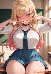 1girl ai_generated artist_name barbell_piercing black_choker black_panties blonde_hair blue_necktie blue_skirt blush breasts cameltoe chalkboard choker classroom collarbone collared_shirt desk ear_piercing earrings gradient_hair grin industrial_piercing jewelry kitagawa_marin large_breasts long_hair long_sleeves looking_at_viewer marin_kitagawa miniskirt multicolored_hair my_dress_up_darling necktie one_eye_closed panties pantyshot patreon patreon_logo patreon_username piercing pink_hair pleated_skirt pointing_at_self red_eyes school_uniform shirt shirt_tucked_in sitting skirt smile solo sono_bisque_doll_wa_koi_wo_suru tagme_(artist) thighs underwear web_address white_shirt