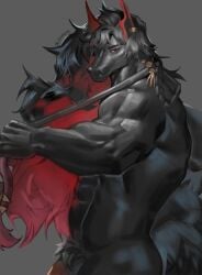 abs andenate_maryam anthro arknights black_body black_fur black_hair braided_hair colored digital_drawing_(artwork) digital_media_(artwork) ear_piercing ear_ring equid equine fur genitals hair half-length_portrait hi_res horse hypergryph kuranta_(arknights) long_hair male mammal multicolored_hair muscular muscular_male penis piercing portrait pose pubes red_accents red_ears red_eyes red_hair ring_piercing shaded solo studio_montagne wuhure