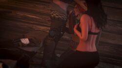 1boy 2girl 3d blender blowjob blue_eyes breasts cd_projekt_red clothed cum cum_in_mouth geralt_of_rivia green_eyes on_knees partly_clothed penis red_hair render sleeping tagme the_witcher_(series) the_witcher_3:_wild_hunt triss_merigold yennefer