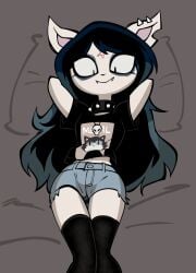 1girls anthro armpits black_legwear black_shirt claire_(the_summoning) dakimakura denim_shorts emo emo_girl fangs female female_only jek_korpen laying_on_bed looking_at_self solo spiked_collar tagme the_summoning