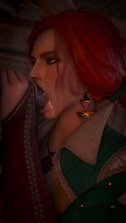 1boy 3d blender blowjob blue_eyes breasts clothed cum cum_in_mouth geralt_of_rivia girl green_eyes on_knees partly_clothed penis red_hair render sleeping tagme the_witcher_(series) the_witcher_3:_wild_hunt triss_merigold