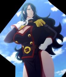 1girls azuma_fubuki blue_hair breasts chained_soldier cleavage clothing hips large_breasts mato_seihei_no_slave milf screencap stitched thick_thighs thighs wide_hips yellow_eyes