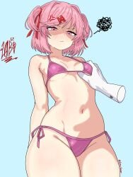1girls anger_vein annoyed arms_behind_back bangs bikini blue_background blush breast_grab breasts closed_mouth collarbone disembodied_limb doki_doki_literature_club drawlab33t eyebrows_visible_through_hair female female_only frown hair_ornament hair_ribbon hairclip looking_down natsuki_(doki_doki_literature_club) navel pink_bikini pink_eyes pink_hair pink_ribbon red_ribbon ribbon short_hair side-tie_bikini signature small_breasts solo_focus spoken_squiggle squiggle string_bikini swimsuit
