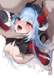 1boy absurdres artist_request blue_hair blush breasts commission dress female flower from_above grabbing_another's_breast grabbing_from_behind groping hair_flower hair_ornament highres horns long_hair looking_at_another one_breast_out open_mouth original red_eyes red_flower red_rose rose saliva saliva_trail second-party_source small_breasts solo_focus standing straight tongue tongue_out white_background white_dress