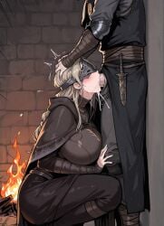 against_wall ai_generated big_breasts blowjob clothed_sex dark_souls deepthroat ejaculation fellatio fire_keeper fromsoftware fully_clothed head_grab huge_breasts side_view squatting wobot