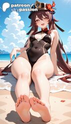 1girls 2026 ai_assisted ai_generated anime artist_name barefoot beach blue_sky breasts brown_hair bust cloud explicit feet foot_fetish foot_focus foreshortening genshin_impact hat hi_res high_quality high_resolution highres hu_tao_(genshin_impact) long_hair looking_at_viewer mihoyo outdoors patreon patreon_username sand sky skypassion smile soles solo stable_diffusion swimsuit toes twintails water watermark