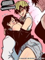 1boy 2girls big_breasts black_hair blonde_female blonde_hair bra_lift breast_smother breasts commentary cuckquean curvaceous curvaceous_female curvaceous_figure curvy curvy_female curvy_figure earrings english_commentary english_text face_between_breasts female female_naoya female_on_top genderswap_(mtf) head_between_breasts highres huge_thighs jewelry jujutsu_kaisen large_breasts light-skinned_female light-skinned_male light_skin maki_zenin male mark_gavatino multiple_females multiple_girls nipples older_female_and_younger_male rule_63 short_hair smile straddling surprised surprised_expression tagme teasing text thick_thighs thighs tongue tongue_out very_short_hair yellow_eyes yuta_okkotsu zenin_maki zenin_naoya