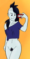 adventure_time bottomless camera fang grey_skin marceline nomdepenn orange_background pointy_ears pubic_hair side_shave simple_background smiling unshaved_pussy