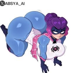 absya_ai ai_generated all_fours amazing_charlie_(brawl_stars) big_breasts bodysuit brawl_stars charlie_(brawl_stars) female huge_ass mask no_pupils purple_hair solo_female solo_focus superhero tagme top_view watermark white_background wide_hips