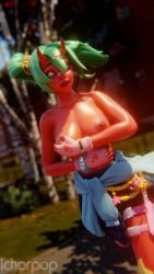 1girls 3d big_breasts blender covering_breasts epic_games female female_focus fortnite fortnite:_battle_royale gloves green_hair hair_ornament horns ichorpop nemia_(fortnite) oni partially_clothed red_skin skirt twintails watermark