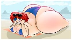 1girls ass beach bikini breasts button_eye cleavage eyelashes female female_focus female_only glitch_productions hips hyper hyper_ass large_ass large_breasts laying_down looking_at_viewer ragatha_(the_amazing_digital_circus) red_hair sand sinnercakes sunglasses sunglasses_on_head the_amazing_digital_circus thick_thighs thighs wide_hips