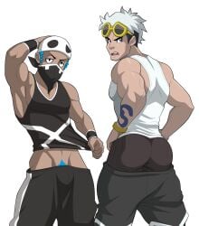 2boys ass ass_focus bandana black_underwear blue_hair boxers bulge gay guzma_(pokemon) light_skin male male_only mooning muscular no_visible_genitalia pokemon pubic_hair simple_background sparksstars tagme tank_top team_skull team_skull_grunt_(male) underwear video_games white_background white_hair white_tank_top yaoi