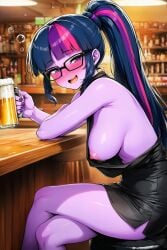 1girls my_little_pony equestria_girls friendship_is_magic hasbro breasts big_breasts large_breasts little_black_dress minidress nipples areolae drunk drunk_bubble beer beer_mug alcohol sideboob nipple_slip areola_slip wardrobe_malfunction open_mouth bar_(place) tavern liquor_shelf looking_at_viewer purple_nails nail_polish thighs crossed_legs bar_stool sitting ai_generated novelai nai_diffusion stable_diffusion happy blushing glasses ponytail high_ponytail twilight_sparkle_(mlp) sci-twi purple_nail_polish