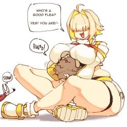 elegg_(nikke) flea_(hollow_knight) gigantic_thighs goddess_of_victory:_nikke head_under_breasts headpat hollow_knight hollow_knight:_silksong hornet_(hollow_knight) huge_breasts indian_style rtil sitting thick_thighs wide_hips