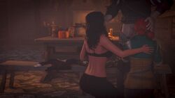 1boy 2girl 3d blender blowjob blue_eyes breasts cd_projekt_red clothed cum cum_in_mouth geralt_of_rivia green_eyes on_knees partly_clothed penis red_hair render sleeping tagme the_witcher_(series) the_witcher_3:_wild_hunt triss_merigold yennefer