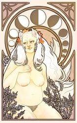 animal_ears areolae art_nouveau bald_spot breasts female fine_art_parody finepoint flower forehead_mark fox_ears fox_tail inverted_nipples kayo_(pyorno) kitsune large_areolae lips multiple_tails nipples nude oc_character original plump pubic_hair sagging_breasts solo style_parody tail tattoo white_hair