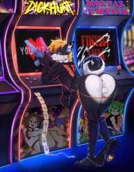 2022 5_fingers absurd_res anthro anus arcade arcade_machine ass backsack balls bent_over black_body black_boots black_clothing black_footwear black_fur black_nose black_purse black_shirt black_topwear blonde_hair boots bottomwear bottomwear_down canid canine canis cheek_tuft closed_smile clothed clothing countershading curry_(viskasunya) detailed_background domestic_dog dual_wielding ear_piercing english_text facial_piercing facial_tuft femboy fingers flaffy_(viskasunya) footwear fur genitals hair hi_res holding_object holding_weapon hotpants inner_ear_fluff inside jasy_(jasy) light_gun looking_back male mammal mouth_closed neck_tuft nose_piercing panties panties_down partially_clothed piercing purse purse_over_shoulder red_text shiba_inu shirt shoes shorts shorts_down smile solo spitz standing t-shirt tail text thong thong_down ticket topwear tuft underwear underwear_down viskasunya weapon white_balls white_body white_fur white_inner_ear_fluff white_text y_anus yellow_text