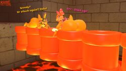 1boy 1girl1boy 3d 3d_(artwork) ass big_butt castle dialogue duo english_description english_text kabalmystic_(style) kane_brent_koopa koopa lava lemmy_koopa mario_(series) nintendo pipe stone_wall stuck stuck_in_pipe tagme text wendy_o._koopa yellow_body