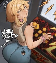 1boy absurdres arcade_cabinet ass blonde_hair bracelet bridget casual character_charm charm_(object) crossdresser crossdressing crossdressing_male denim english_text femboy gay guilty_gear guilty_gear_strive highres huge_ass jeans jewelry looking_back male male_focus male_only medium_hair paid_reward_available pants sleeveless solo spiked_bracelet spikes trans_woman trap twink uneven_eyes unika_(guilty_gear) yablofap yaoi