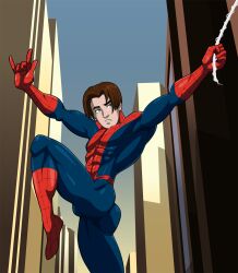 1boy 2014 accurate_art_style ass bodysuit brown_hair building bulge gay light_blue_eyes light_skin male male_only marvel our outdoors peter_parker sketch solo sparksstars spider-man spider-man_(series) superhero tight_clothing ultimate_spider-man_(show) yaoi