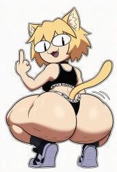 1girls ai_generated blacked blacked_clothing blonde_hair breasts cellulite chibi clothing crouching female furry happy melty_blood middle_finger neco-arc novelai open_mouth shortstack skimpy smile solo solo_female sports_bra squatting tail that_guy9001 thong